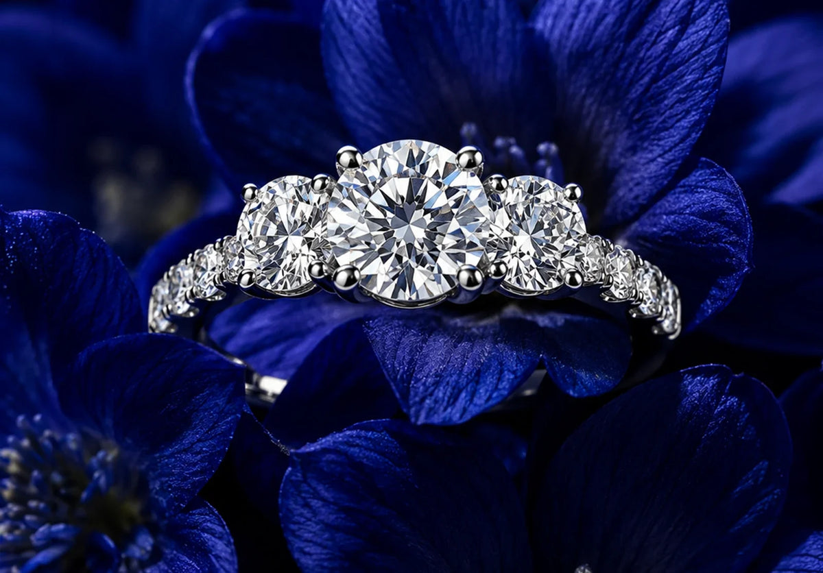 Three-stone lab grown diamond engagement ring
