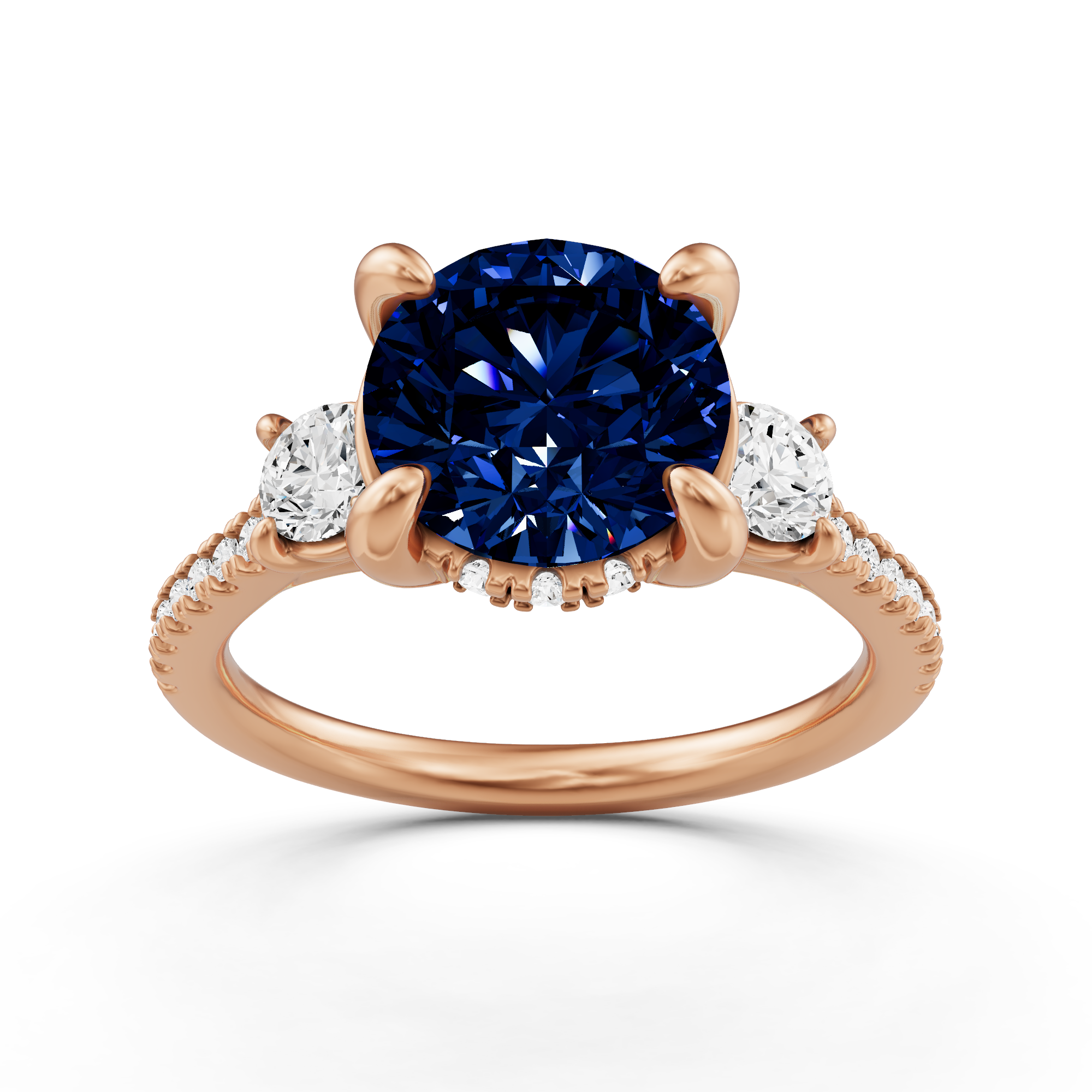 3 1/3 ctw Round Created Sapphire Three Stone Engagement Ring with Roun ...