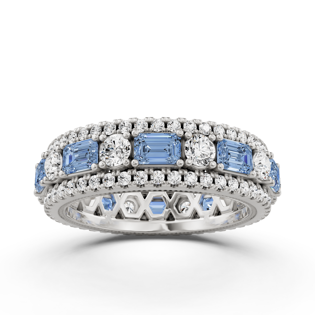minee 3 アクアマリン 3 ctw Emerald Created Aquamarine and Round Diamond Three Row Eternity