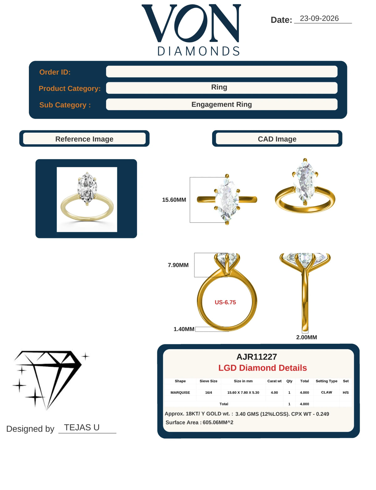 4 ctw Marquise Petite Solitaire 18K Yellow Gold CAD